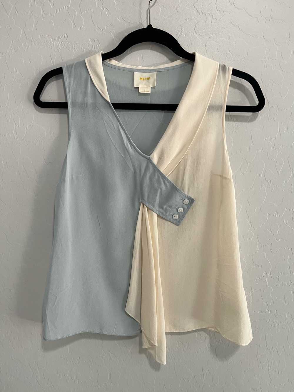 Maeve Two-Tone Sleeveless Wrap Camisole in Light Blue and Cream